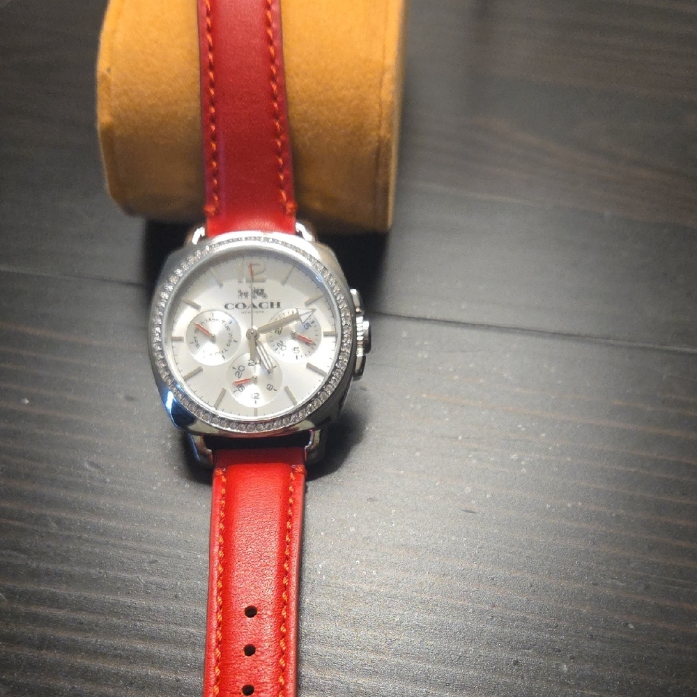 Coach Womens Crysyal  Silver Case Watch w/ Red Leather Band, 34 mm